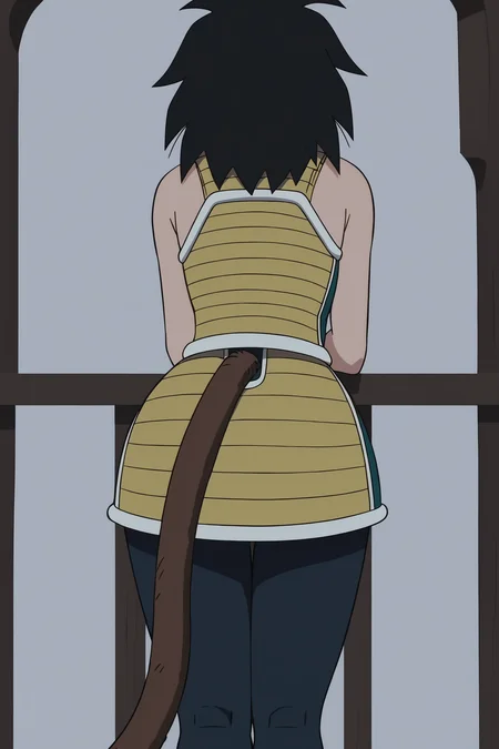source_anime, score_9, score_8_up, score_7_up, anime screencap, absurd res,
gine, official style, 1girl, bent over, solo, bare shoulders, cave interior, black hair, pantyhose, monkey tail, ass, from behind, black legwear, thigh gap, green skirt, green saiyan armor, saiyan armor, medium hair, spiked hair, tail through skirt, white trim
 <lora:Gine_v1:0.8>