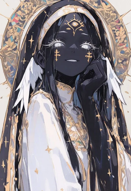 1 girl , solo , mature women , kind , warm , gentle , long hair , head wings , extra eyes on cheeks , white eye , white sclera , black skin , nun veil , black Wimple with gold embroidery , white dress with gold embroidery , open arm , gentle smile , white eyelashes , long eyelashes , looking at viewer ,
masterpiece, best quality ,amazing quality , highly detailed ,S4bit4mago_illu , xxx667_illu ,Protoneon , ma1ma1helmes_b_illu,