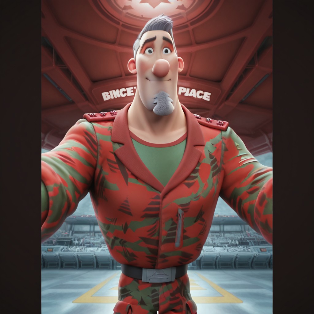 Cartoon source, High Quality, perfect anatomy, amazing art, LineArt, Master piece, Nice art, Steve Claus, 1boy, solo, Mature man, Mature man, gray hair, short hair, black eyes, big nose, eyebrows, goatee, Christmas tree goatee, facial hair, gray hair, Big pecs, Big chest, military uniform, dynamic pose, dynamic view, dynamic expressions, smile, happy, dynamic angle
