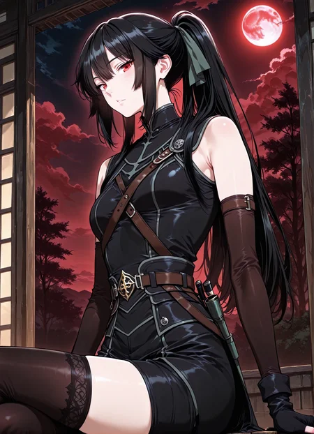 <lora:Jasmine_Flamesworth__The_Beginning_After_the_End__Illustrious:1>
1 girls, solo, red eyes, black hair, long hair, ponytail, bangs, hair between eyes, sidelocks, small breasts
hair ribbon, black gloves, fingerless gloves, elbow gloves, thighhighs, belt, sleeveless, black short, bare shoulders
(Anime_source),Masterpiece,(perfect female body:1.2), small waist,(incredibly detailed:1.4), slim, parted lips, looking at viewer, sitting, crossed legs, red moon, night, <lora:iLLMythG0thicL1nes:1>