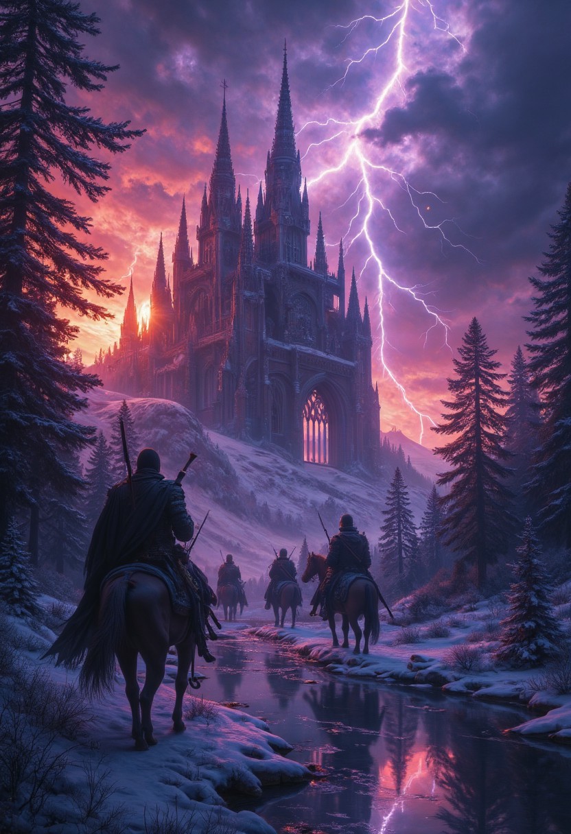 highly detailed, high quality, digital illustration, intricate details, light reflection, cinematic view of a bunch of medieval soldiers, horses , vibring color, A gothic cathedral covered in ice and snow. Forest. Thunderstorm, lightnings, At sunset, purple and orange hues on the landscape, reflections on rose_windows, Icy, Cold touch, ominous atmosphere, Ground view. Sense of foreboding, water reflection, monet, oil painting, (reflective volumetric), raytracing, absurdres. scenery, gloomy, dark atmospher , greg rutkowski, aidmamj6.1