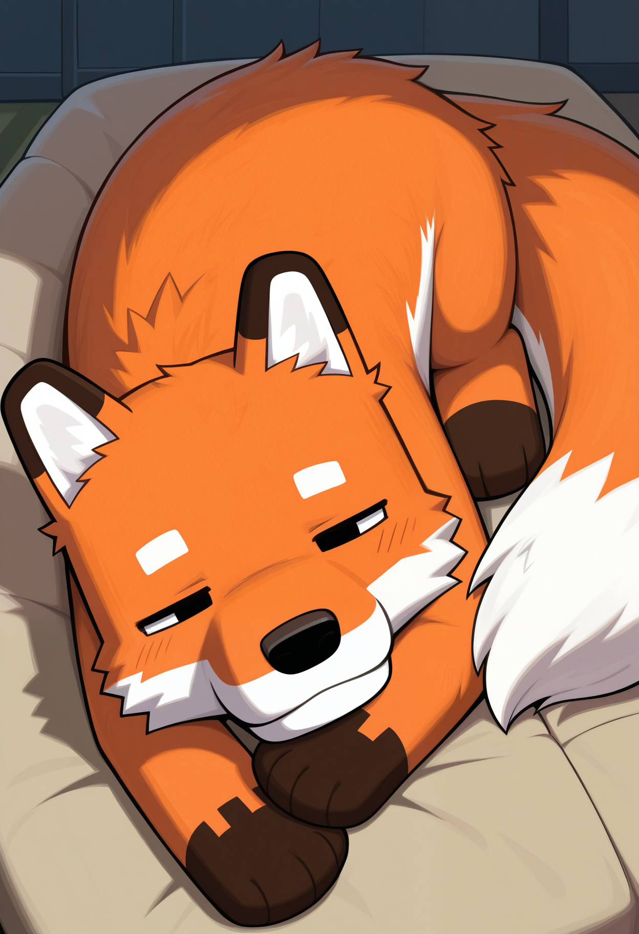 masterpiece,best quality,amazing quality, 1boy, solo, f0xMC, fox, orange fur, black eyes, orange fur, black eyes, tail, blocky, sleeping,