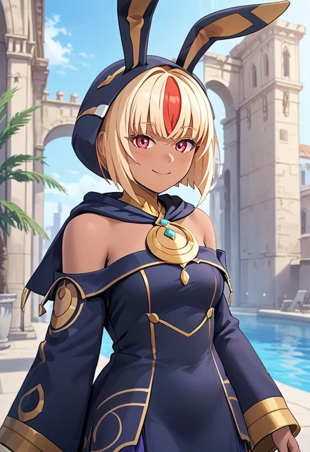 score_4,score_5,score_6,score_7_up,score_8_up,score_9 ((masterpiece,best quality,ultra detailed,highres,HD,4k:1.2)), 
1 girl,solo,face focus,
Luxia,dark skin,dark-skinned femalemulticolored hair,blonde hair,short hair,bob cut,sidelocks,hair ornament,head ornament,red eyes,large breast,
 long sleeves,bare shoulders,hood up,rabbit hood,animal hood,sleeves past wrists,sleeves past fingers,dress,
smile,.blush,light smile,