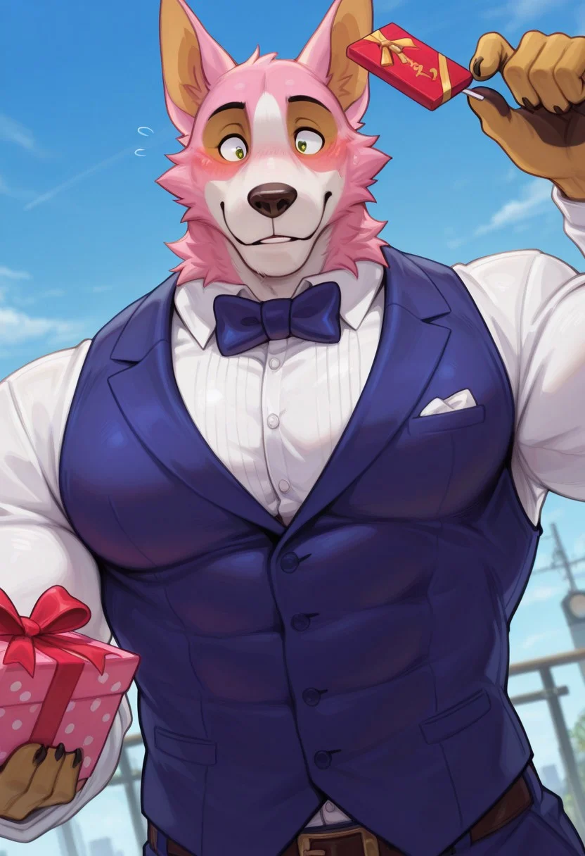 score_9, score_8_up, score_7_up, score_6_up, uncensored, masterpiece, best quality , furry, anthro, blush, blue , muscular male, boltund (pink fur), pink ears, short hair, abs, hunk, bara, large pectorals, thick pecs, tuxedo vest, fully clothed, male, upper body, dutch angle, male focus, solo, holding out gift candy with one hand, detailed body, detailed background, perfect hands, perfect anatomy, high quality, valentine's day background