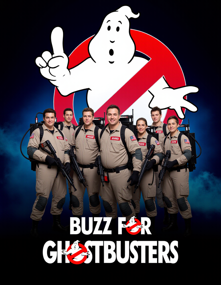 A movie poster with the text "Buzz for Busters" with a ghostbusters posingâââ