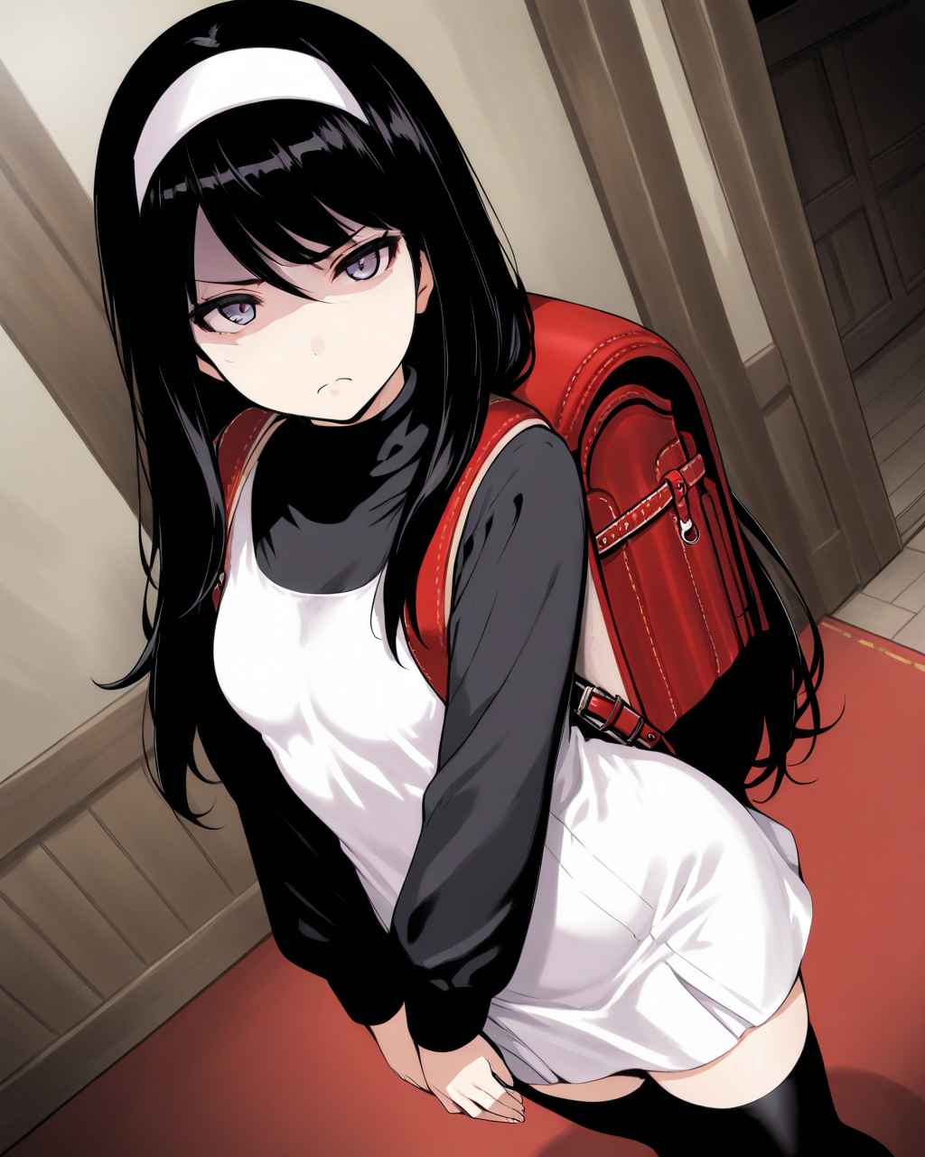 1girl,
SakoErikaDevilSummoner,
safe, solo, perspective, from above, dutch angle,
long hair, black hair, hairband,
beautiful eyes, looking at viewer, frown, shaded face,
white dress, turtleneck, long sleeves,
black thighhighs, zettai ryouiki, randoseru,
room,
depth of field,
<lora:kp_SakoErikaDevilSummonerAnimagineXL_v1_0:1.0>
masterpiece, high score, great score, absurdres