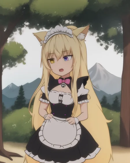 coconut-maid, 1girl, cat girl, bell, solo, long hair, jingle bell, animal ears, neck bell, heterochromia, (mountains, forest, outdoors:1.0)