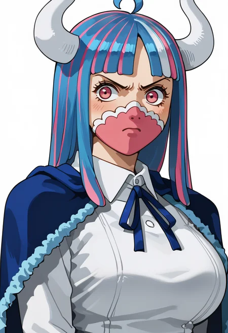 score_9, score_8_up, score_7_up, source_anime, 1girl, solo, annoyed
<lora:zs_SoulHackersPortraitsXL:1> soulhackersportraits, portrait, white background,
<lora:ulti-pdxl-nvwls-v1:1> ulti, horns, pink eyes, long hair, multicolored hair, bangs, ahoge, mouth mask, blue cape, white shirt, long sleeves, neck ribbon, large breasts