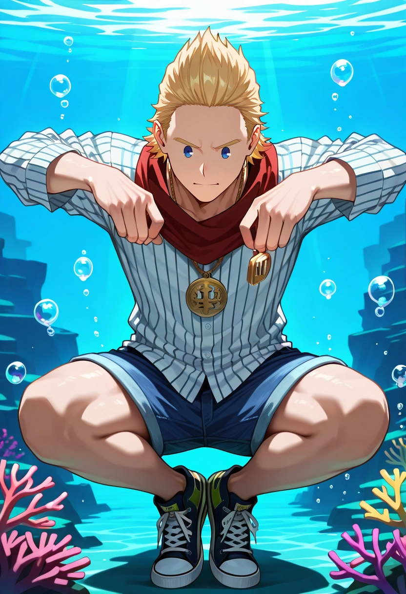 masterpiece, best quality, intricate details, (realistic:0.6), , 1boy, solo, male focus, <lora:mirio_toogata_ilxl:0.92>, mirio_toogata, blonde hair, blue eyes, short hair, , , submerged sanctuary, coral arches, bubble chambers, deep-sea fauna, meditating pose, peaceful expression, twilight depths, Denim bermuda shorts, Pinstripe shirt, Canvas sneakers, , Medallion and andFace Scarf (Neck Gaiter)