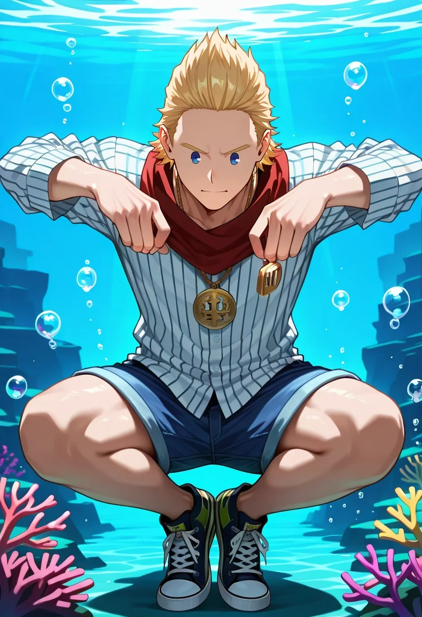 masterpiece, best quality, intricate details, (realistic:0.6), , 1boy, solo, male focus, <lora:mirio_toogata_ilxl:0.92>, mirio_toogata, blonde hair, blue eyes, short hair, , , submerged sanctuary, coral arches, bubble chambers, deep-sea fauna, meditating pose, peaceful expression, twilight depths, Denim bermuda shorts, Pinstripe shirt, Canvas sneakers, , Medallion and andFace Scarf (Neck Gaiter)
