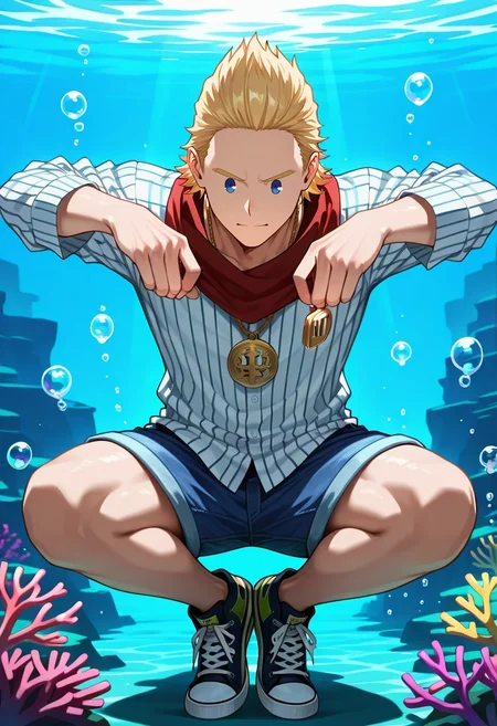 masterpiece, best quality, intricate details, (realistic:0.6), , 1boy, solo, male focus, <lora:mirio_toogata_ilxl:0.92>, mirio_toogata, blonde hair, blue eyes, short hair, , , submerged sanctuary, coral arches, bubble chambers, deep-sea fauna, meditating pose, peaceful expression, twilight depths, Denim bermuda shorts, Pinstripe shirt, Canvas sneakers, , Medallion and andFace Scarf (Neck Gaiter)