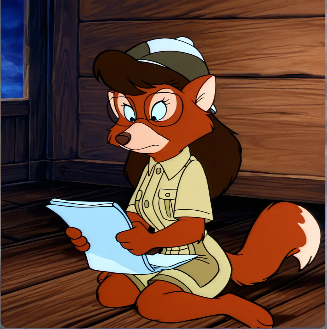 (masterpiece), (best quality), (ultra-detailed), amazing quality, very aesthetic, perfect composition,  absurdres, incredibly absurdres,   <lora:myrafoxworthy:1>, 1girl, fox tail, solo, long hair, blue eyes, hat, holding, animal ears, sitting, closed mouth, tail, short sleeves, shorts, indoors, pith helmet , furry, pocket, round eyewear, retro artstyle, breast pocket, snout, myra foxworthy, glasses, furry female, fox girl, brown hair, body fur, khaki shorts, screenshot, animation cel,