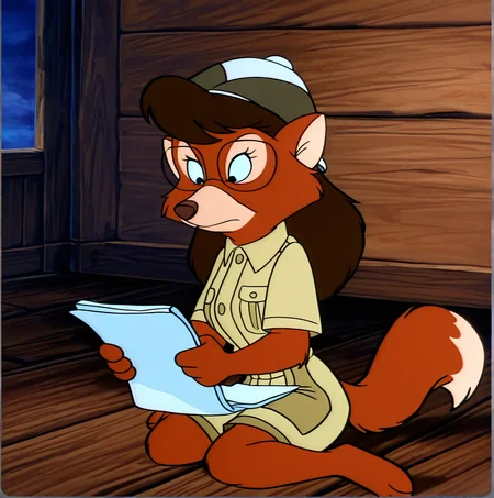 (masterpiece), (best quality), (ultra-detailed), amazing quality, very aesthetic, perfect composition, absurdres, incredibly absurdres, <lora:myrafoxworthy:1>, 1girl, fox tail, solo, long hair, blue eyes, hat, holding, animal ears, sitting, closed mouth, tail, short sleeves, shorts, indoors, pith helmet , furry, pocket, round eyewear, retro artstyle, breast pocket, snout, myra foxworthy, glasses, furry female, fox girl, brown hair, body fur, khaki shorts, screenshot, animation cel,