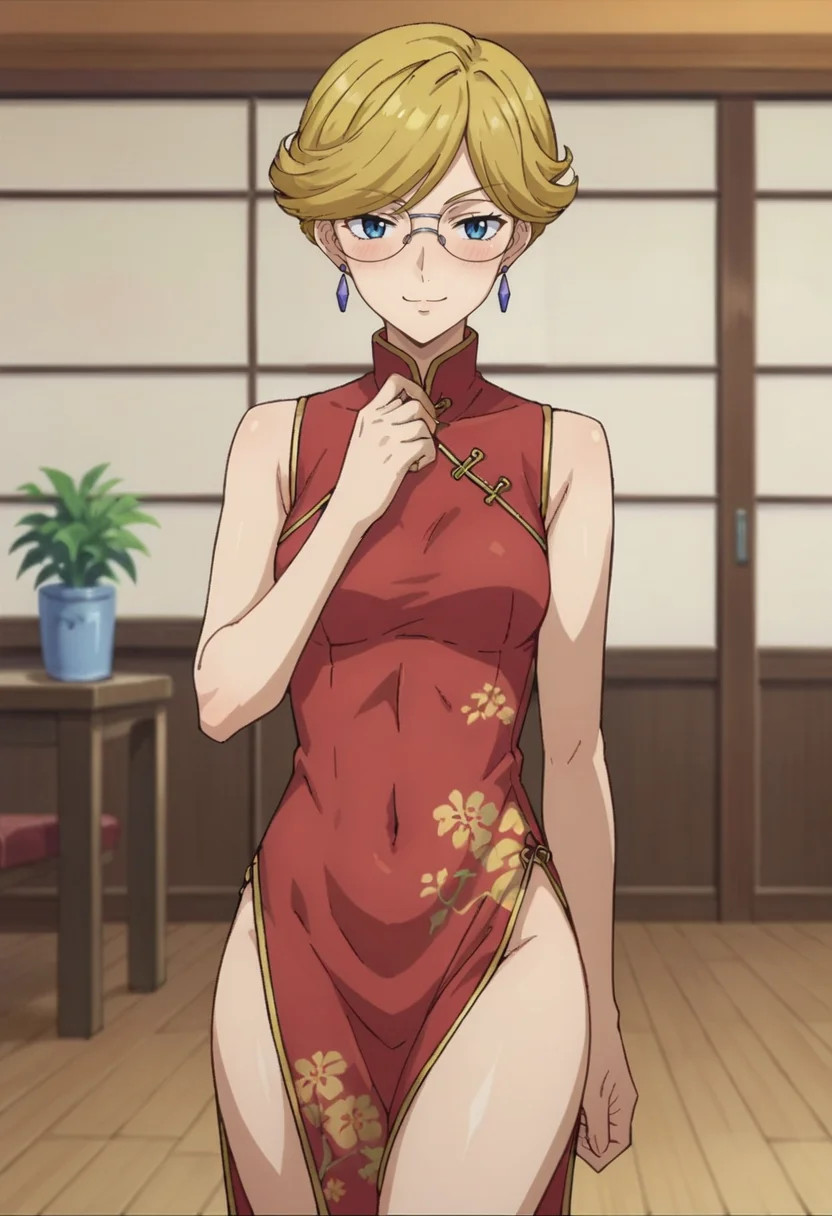 score_9,score_8_up,score_7_up,score_6_up,score_5_up,score_4_up,anime coloring BREAK source_anime,anime,<lora:Mrs._Halevy_Gundam_00_Pony:0.7>,mrshalevy,1girl,solo,blue eyes,blonde hair,short hair,glasses,jewelry,earrings,cheongsam,side slit,smug,blush,posing,indoors,room,
