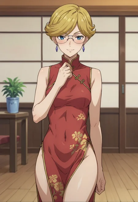 score_9,score_8_up,score_7_up,score_6_up,score_5_up,score_4_up,anime coloring BREAK source_anime,anime,<lora:Mrs._Halevy_Gundam_00_Pony:0.7>,mrshalevy,1girl,solo,blue eyes,blonde hair,short hair,glasses,jewelry,earrings,cheongsam,side slit,smug,blush,posing,indoors,room,
