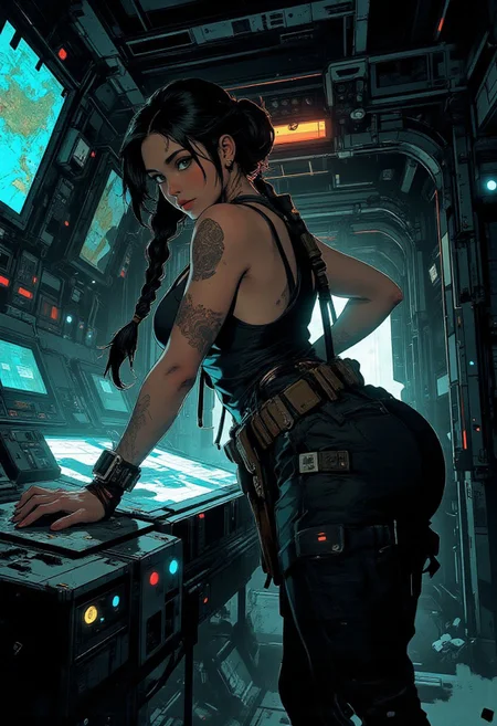 In the style of ff-td, nistyle, Silhouette Art, magnificent, inksplash, crisp lines, closeup portrait of stunning sci-fi space pirate, flight deck, spaceship control room, beautiful girl, large breasts, curvy, looking at viewer, holographic displays, leaning against table, holographic map table, dark braided hair, dogtags, tanktop, cargo pants, directional lighting, dark background, underglow, blue lights, foreshortening, depth of field,