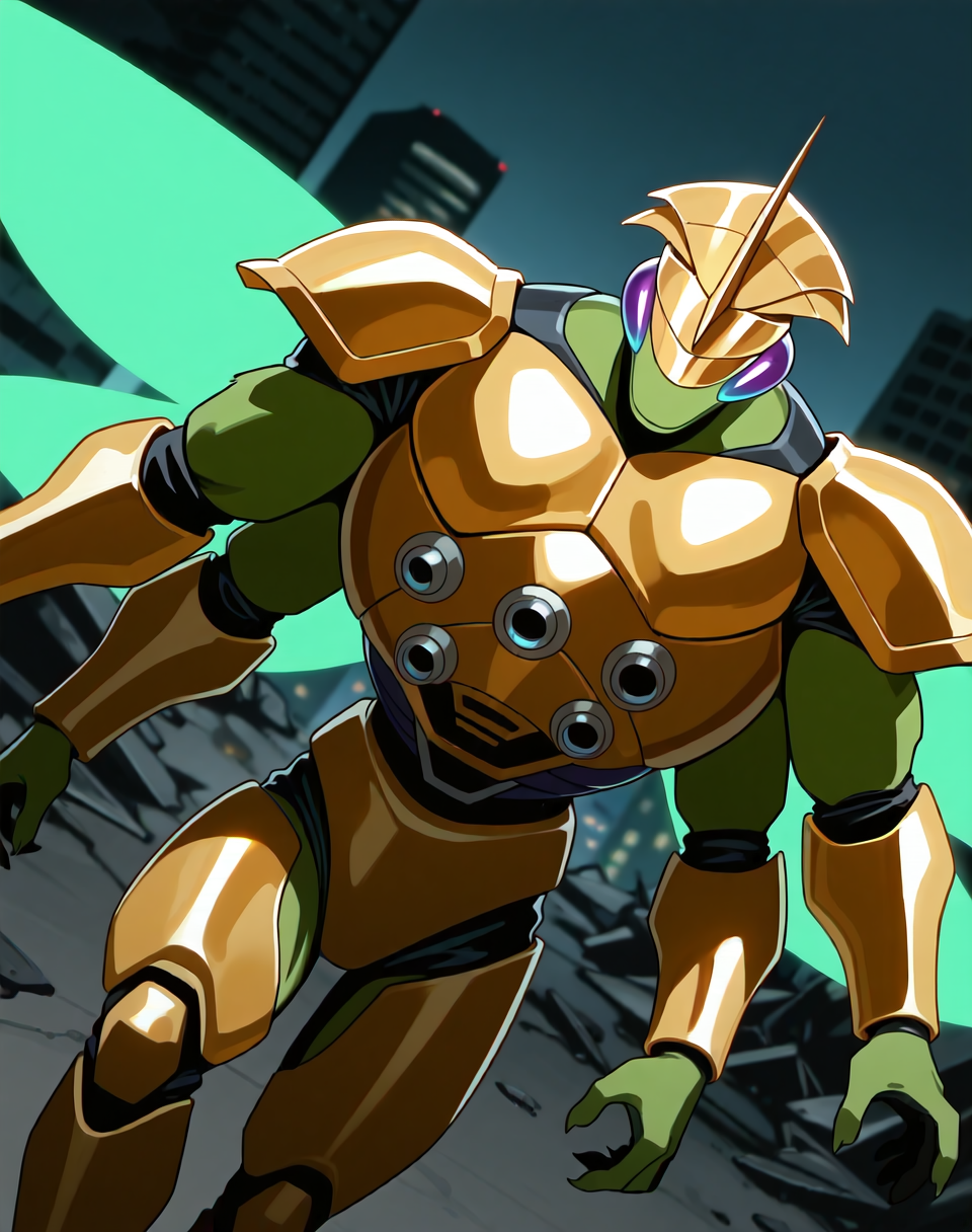<lora:Ultimate_Katris_(Shinzo)_(Illustrious)_(AD):1.35> Ultimate Katris, muscular, mantis, Shinzo, 
((
exterior, bent leg, anime post apocalyptic city, destroyed buildings, destroyed skyscrapers, buildings laying at an angle or on the side, dutch angle, cowboy shot, 
dynamic action, insect anthro, male focus, strong warrior, manly, bounty hunter, villain, glossy gold armor, manly, masculine, perfect proportions, green body, glowing transparent wings, gold helmet, 4arms, 
)), 
BREAK: very awe, aesthetically pleasing, masterpiece, best quality, amazing quality, very aesthetic, perfect depth of field shot, gradient coloring, subsurface reflections, source_furry, furry_art, vivid colors, source_anime, masterclass anime, 8K CGI render, 
masterpiece, best quality, amazing quality, very aesthetic, high resolution, ultra-detailed, absurdres, newest, scenery, {Prompt}, BREAK, detailed background, volumetric lighting,
BREAK: lazympos, lazypos (3),