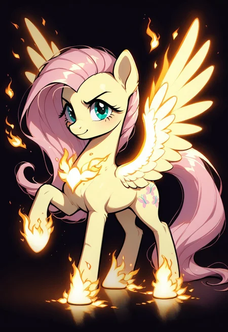core_9, score_8_up, score_7_up, score_5_up, source_anime, Fluttershy, depicted as a powerful and magical pony with clearly equine facial features, surrounded by vibrant, glowing magical energy swirling dynamically around her. The magic radiates in shades of neon pink, fiery red, and glowing y3ll0wblu3, creating a stunning and otherworldly effect. Embers float in the air, with fiery sparks and volumetric lighting adding depth and intensity. Her expression is fierce and determined, emphasizing her strength and focus, while her mane and fur are illuminated by the radiant magic. The background is dark and shadowy, contrasting with the glowing magic and embers, enhancing the painterly and mystical art style. Ultra-detailed, cinematic composition, vibrant colors, striking contrasts, and high-quality rendering, pony-style anatomy with perfect proportions.