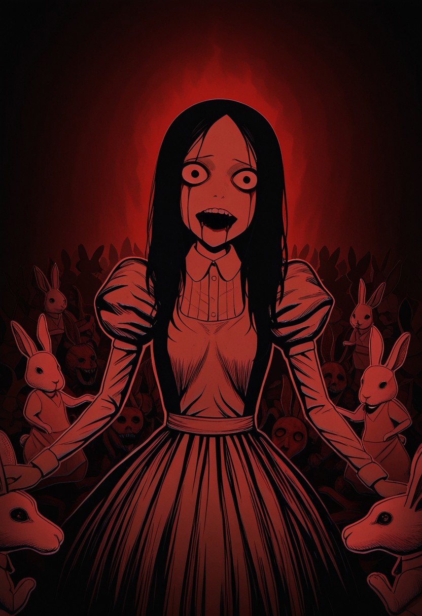 MASTERPIECE, AMAZING QUALITY, PAPER CUTOUT, RABBIT, BLOODY MOUTH, DARK, HORROR (THEME)