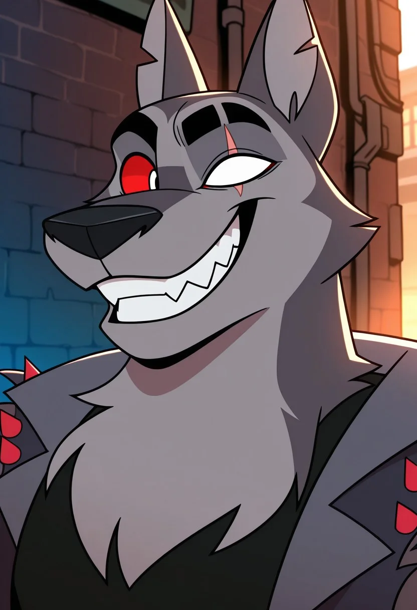 MASTERPIECE, AMAZING QUALITY, 1BOY, TEX, PORTRAIT, FURRY, SINGLE WHITE EYE, SILVER EYE, RED SCLERA, EYE SCAR, GREY FUR, SPIKED VEST, SHIRT, GRIN, ALLEY
