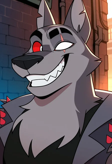 MASTERPIECE, AMAZING QUALITY, 1BOY, TEX, PORTRAIT, FURRY, SINGLE WHITE EYE, SILVER EYE, RED SCLERA, EYE SCAR, GREY FUR, SPIKED VEST, SHIRT, GRIN, ALLEY