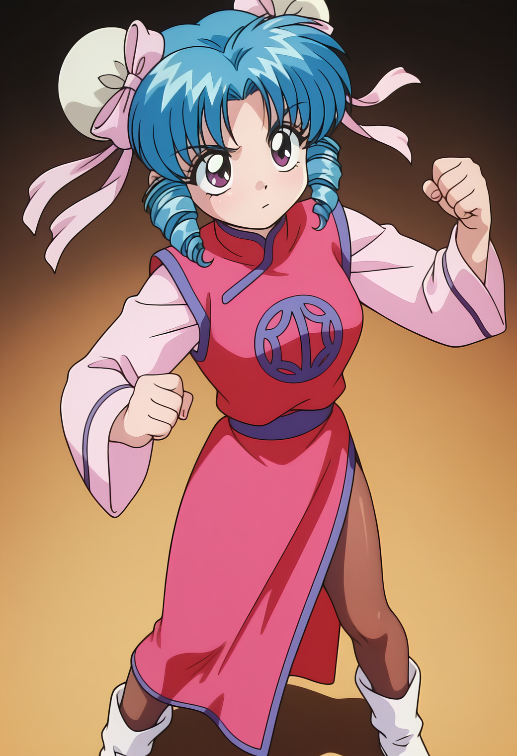 masterpiece, best quality, amazing quality, 1girl, solo, 1990s \(style\), retro_artsryle, anime coloring,
<lora:female_jinn2_v01:0.9>, female_jinn2, blue hair, short hair, hair bun, double bun, parted bangs, sidelocks, drill hair, twin drills, purple eyes,
bun cover, pink hair bow, china dress, long sleeves, wide sleeves, side slit, brown pantyhose, white boots, fighting stance