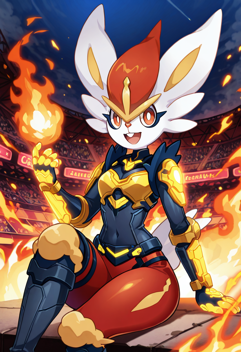 masterpiece, best quality, no humans, smile, looking at viewer, narrow waist, wide hips, sitting,    [Futuristic Gladiator Arena], zzCinderace, fiery red fur, sleek body, athletic build, 1girl, solo, armored bodysuit, fire-themed details, combat boots, glowing gauntlets, futuristic arena, neon lights, roaring crowd â zzCinderace stands tall in the center of a high-tech gladiator arena, her armored bodysuit adorned with intricate fire-themed details. Her glowing gauntlets crackle with energy as she prepares for the next round. The futuristic neon lights bathe the arena in an eerie glow, and the roaring crowd echoes through the air. The arena itself is a high-tech battlefield, and zzCinderace is ready to fight.    <lora:CinderacePokedex_IXL:1.0>,  C0utur3Cr4z3, <lora:CoutureCraze_IXL:0.6>,