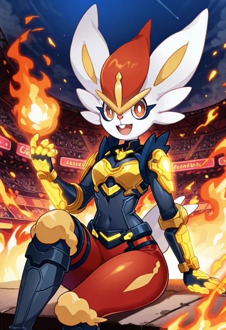 masterpiece, best quality, no humans, smile, looking at viewer, narrow waist, wide hips, sitting,    [Futuristic Gladiator Arena], zzCinderace, fiery red fur, sleek body, athletic build, 1girl, solo, armored bodysuit, fire-themed details, combat boots, glowing gauntlets, futuristic arena, neon lights, roaring crowd â zzCinderace stands tall in the center of a high-tech gladiator arena, her armored bodysuit adorned with intricate fire-themed details. Her glowing gauntlets crackle with energy as she prepares for the next round. The futuristic neon lights bathe the arena in an eerie glow, and the roaring crowd echoes through the air. The arena itself is a high-tech battlefield, and zzCinderace is ready to fight.    <lora:CinderacePokedex_IXL:1.0>,  C0utur3Cr4z3, <lora:CoutureCraze_IXL:0.6>,