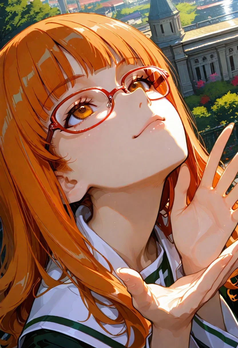 Flat colors, high detailed, high quality, masterpiece, best quality, very awa, absurdres, detailed eyes, detailed face, detailed skin, simple background, BREAK
(colourful:1.3), (cute character:1.5), 1girl, solo, super fine illustration, an extremely delicate and beautiful, best quality, masterpiece, 8K, Saori Takebe, Girls und Panzer, vibrant orange hair, medium wavy hair, beautiful orange eyes, red-rimmed glasses, perfect feminine body, anatomically correct, detailed beautiful face, charming smile, Ooarai Girls Academy uniform, school grounds, looking up, view from above, stunning shot, close-up, cinematic angle, official art style, dramatic composition, sensual atmosphere, perfect proportions, upper body view, clear background, professional lighting, school setting, bright day, authentic character design.,sharp focus, perfect hands, perfect face, perfect eyes, perfect light, dynamic light, natural light,((4k,8k,Ultra HD)),((Masterpiece :1.2)),((Best quality :1.2)),((Detailed :1.5)),((Detailed background :1.5)),sharp lines, vivid colors, high contrast,
748cmstyle, artist:moriimee