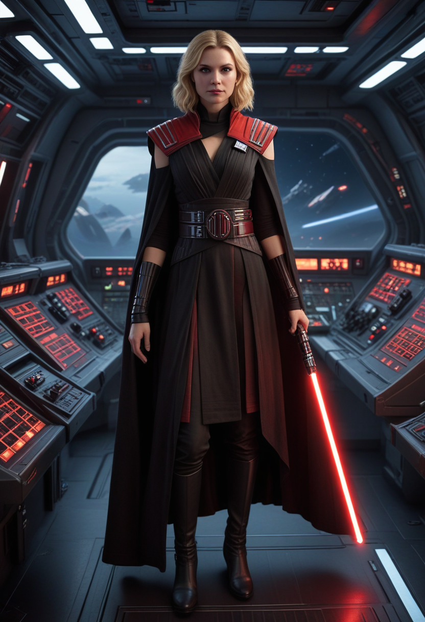(medium full shot) of (fearsome sith lord) young female, human, tan skin, red eyes, blonde hair,           wearing a ceremonial Sith robe, sleeveless Sith tunic, ornate Sith belt, high black boots, heavy woolen cloak, holding double-bladed red lightsaber, smiling at the viewer, set in  Cruiser Command Bridge, Panoramic views of space, tactical holograms, bustling crew, control consoles, the voice of the ship's commander , at dawn, star wars universe, Masterpiece,best quality, photorealistic, amazing quality, very aesthetic, extremely detailed face,