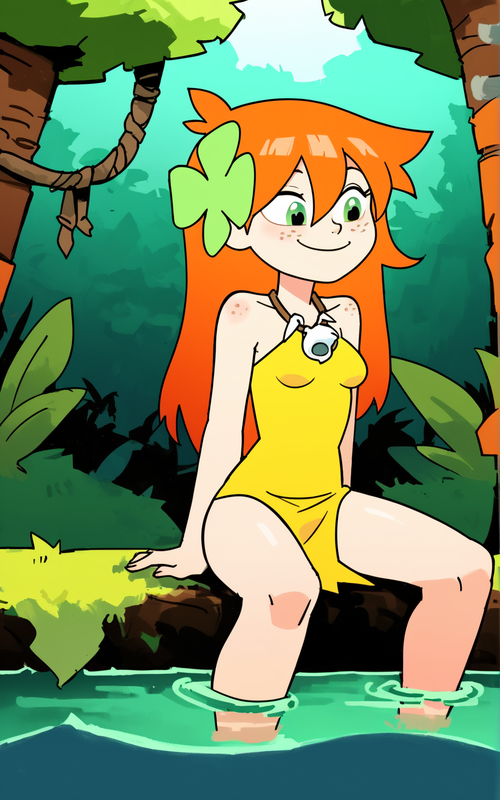 score_9, score_8_up, score_7_up,((best quality)), absurdres, <lora:BolivanteStyle:0.8>,  <lora:WahaTTPXL:0.8>,WahaTTPXL,small breasts, hair ornament,green  hair flower, dress, yellow dress, necklace, orange hair, freckles, long hair, tribal ,short dress, loincloth, jungle, sitting, river, outside, submerged,night, green eyes