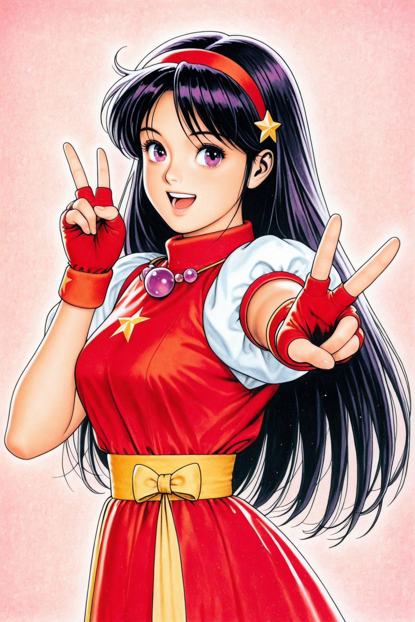 Asamiya Athena,1girl,solo,hairband,long hair,smile,red hairband,jewelry,fingerless gloves,gloves,red dress,star hair ornament,black hair,v,open mouth,d:,traditional media,retro artstyle,
<lora:shinkiro_illustriousXL:1.5>,