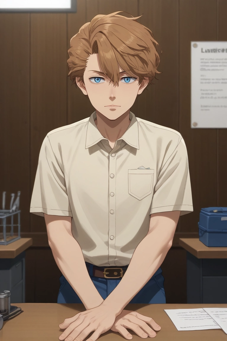 score_9, score_8_up, score_7_up, source_anime, rating_safe, , semi-realistic, looking at viewer, , 1boy, solo, male focus, <lora:langris_vaude_pony:0.78>, langris_vaude, brown hair, blue eyes, short hair, hair between eyes, wide angle, wide shot, cowboy shot, workshop, light, v arms, relaxed, , <lora:sdxl_lightning_8step_lora:1>