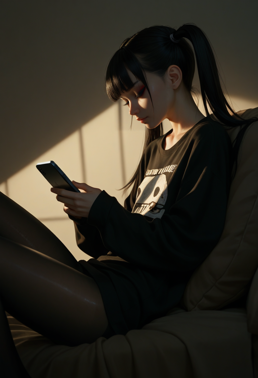 score_9, score_8_up, score_7_up, score_6_up, source_anime, masterpiece, newest,
1girl, solo, skinny, black pantyhose, loose clothes, goth, Colored eyelashes, black hair, twintails, smartphone, studying, from side
Shiny skin, simple background, leaning back, dynamic lighting, modern, vogue