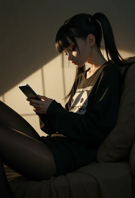 score_9, score_8_up, score_7_up, score_6_up, source_anime, masterpiece, newest,
1girl, solo, skinny, black pantyhose, loose clothes, goth, Colored eyelashes, black hair, twintails, smartphone, studying, from side
Shiny skin, simple background, leaning back, dynamic lighting, modern, vogue