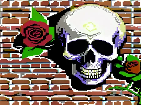 A graffiti of a skull and a rose on a brick wall,64gr4ph1cs style,8-bit,pixel art<lora:C64XL-000005:1.0>