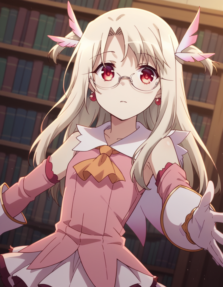 score_9, score_8_up, score_7_up, source_anime, <lora:illyasviel-von-einzbern-prisma-s2s3-ponyxl-lora-nochekaiser:1>,, illyasviel von einzbern, long hair, blonde hair, red eyes, parted bangs,, hair ornament, gloves, dress, jewelry, earrings, detached sleeves, ascot, magical girl, feathers, pink dress, feather hair ornament, prisma illya,, library, reading books, glasses, quiet, focused, shelves of books, , looking at viewer, hand reaching out, solo,, cowboy shot, dutch angle