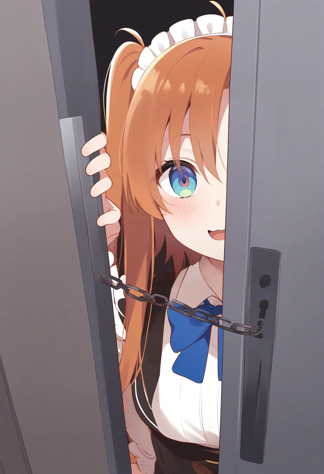 1girl,sincos, ningen mame, toosaka asagi,solo,medium breasts,20yo,maid,maid headdress,
door chain, peeking out, open door,<lora:doorchain_XL_v1:1.0>
chain, pov doorway, opening door, close-up,
from behind, upper body, looking ahead, orange hair, heterochromia,evil smile, inside convenience store, open mouth, two side up hair,,
best quality, very aesthetic, absurdres ,