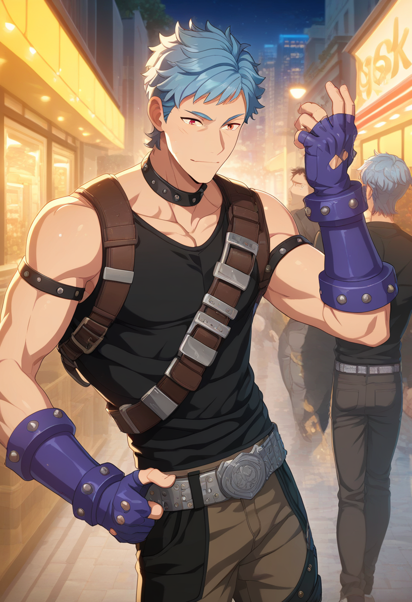 2boys, male focus, multiple boys,
<lora:Character_-_Helios_Rising_Heroes_-_Asch_Albright:1> asch, blue hair, orange eyes,  
((zPDXL)), score_9_up, score_8_up, score_7_up, score_6_up, score_5_up, score_4_up, best quality, amazing quality, best aesthetic, absurdres, year2023, nsfw, game cg,  official art, official style, anime screencap,
outdoor, city, black tank_top, fingerless gloves, belt, brown pants, belt, standing, night, belts,