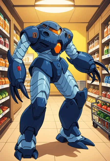 score_9, score_8_up, score_7_up, source_anime, cowboy shot, side view, blue light, BREAK, ( zgok_experiment, orange monoeye, looking at viewer, zeon symbol on chest, menacing claws, standing, ) 1mech, mech focus, solo, BREAK, submarine with searchlight, 2 divers, bubbles, shaft of light, in grocery store, grabbing melon, produce section, pushing shopping cart, squeezing melon, fruit in claws,