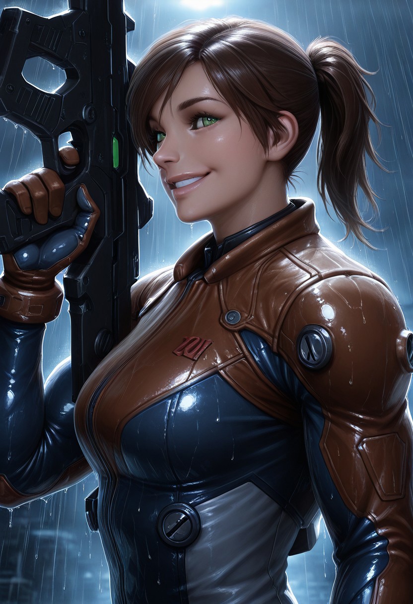masterpiece, best quality, amazing quality,  Smooth Quality, hard lighting, close up, upper body, from front, realistic
detailed Background,
1girl, StrenuaRyder, brown hairs, green eyes, solo, adult,  muscular, smiling,  side view, pilot suit, jacket, holding weapon, smiling, under the rain