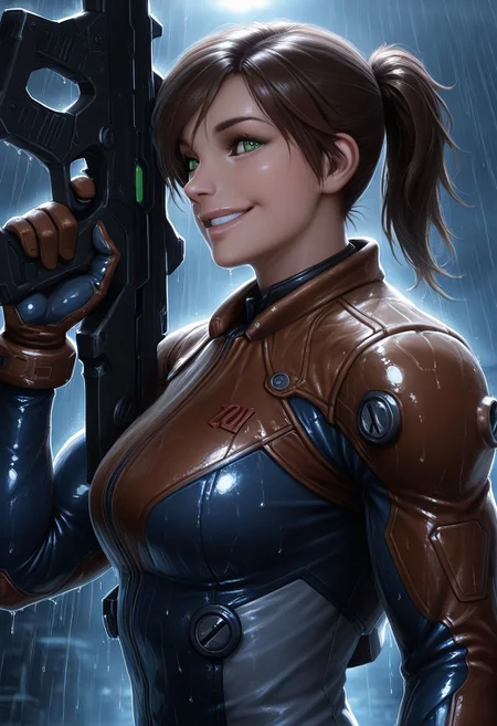 masterpiece, best quality, amazing quality, Smooth Quality, hard lighting, close up, upper body, from front, realistic
detailed Background,
1girl, StrenuaRyder, brown hairs, green eyes, solo, adult, muscular, smiling, side view, pilot suit, jacket, holding weapon, smiling, under the rain
