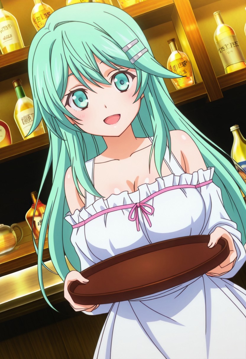 general,highres, ultra-detailed,very aesthetic,best quality ,best hands,best eyes,easynegative,
dynamic anglre, dutch angle, anime cloring,anime screencap,
1girl solo,looking at viewer,bar,indoors,smile,open mouth,tray,holding tray,
Pulptenks Flanders,light green hair,long hair,light green eyes,large breasts,hairclips,bare shoulders dress,