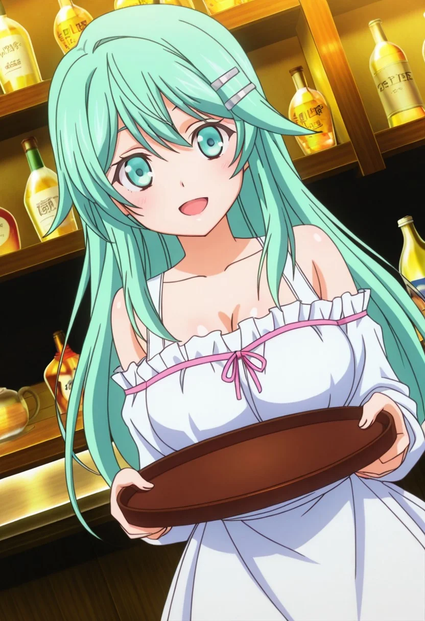general,highres, ultra-detailed,very aesthetic,best quality ,best hands,best eyes,easynegative,
dynamic anglre, dutch angle, anime cloring,anime screencap,
1girl solo,looking at viewer,bar,indoors,smile,open mouth,tray,holding tray,
Pulptenks Flanders,light green hair,long hair,light green eyes,large breasts,hairclips,bare shoulders dress,