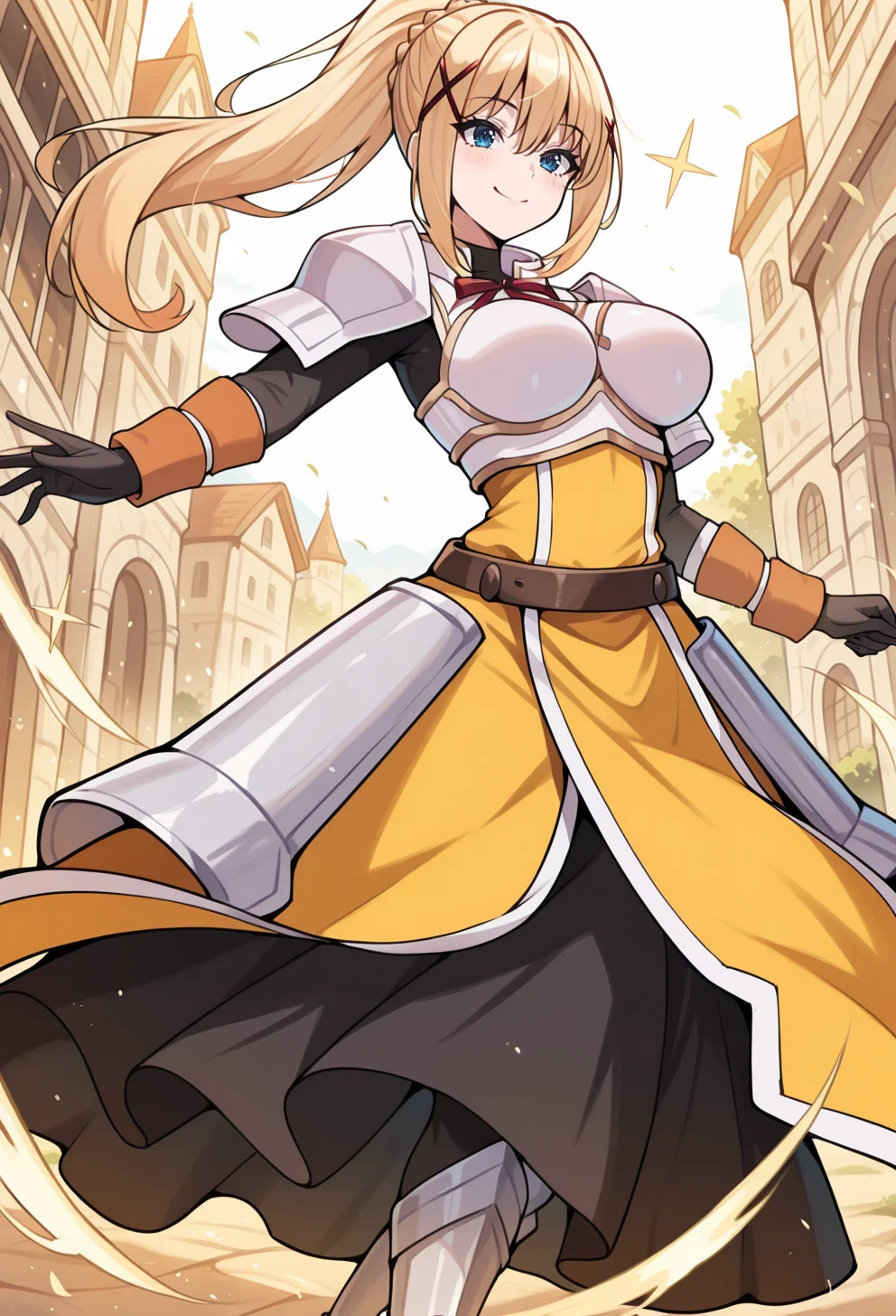 masterpiece, best quality, high quality, anime, <lora:AEDarknessIlx:1> AEDarknessDef, blonde hair, blue eyes, braid, hair between eyes, high ponytail, long hair, sidelocks, x hair ornamet, black bodysuit, armored dress, yellow dress, red ribbon, boobplate, shoulder armor, faulds, black gloves, belt, long skirt, armored boots,
smile, dynamic pose, yellow theme, outdoors, sparkle,