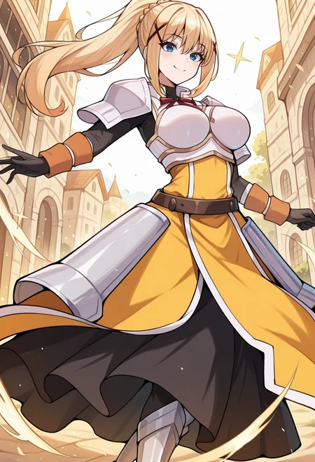 masterpiece, best quality, high quality, anime, <lora:AEDarknessIlx:1> AEDarknessDef, blonde hair, blue eyes, braid, hair between eyes, high ponytail, long hair, sidelocks, x hair ornamet, black bodysuit, armored dress, yellow dress, red ribbon, boobplate, shoulder armor, faulds, black gloves, belt, long skirt, armored boots,
smile, dynamic pose, yellow theme, outdoors, sparkle,