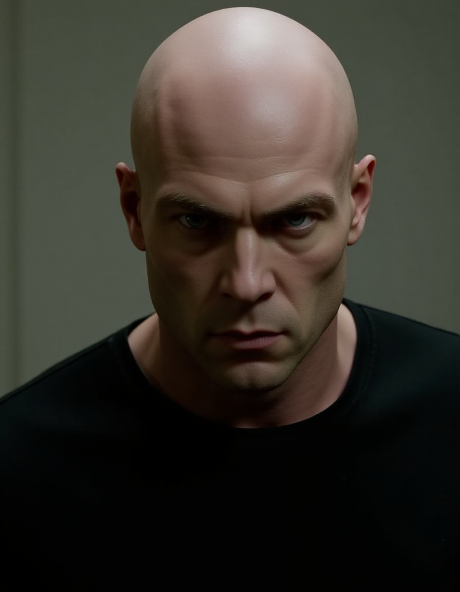 <lora:Hitman (World of Assassination)_epoch_5:1>,bald man,Serious face expression.,serial killer,