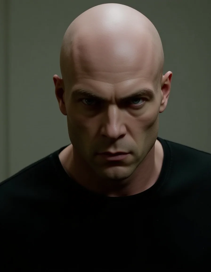 <lora:Hitman (World of Assassination)_epoch_5:1>,bald man,Serious face expression.,serial killer,