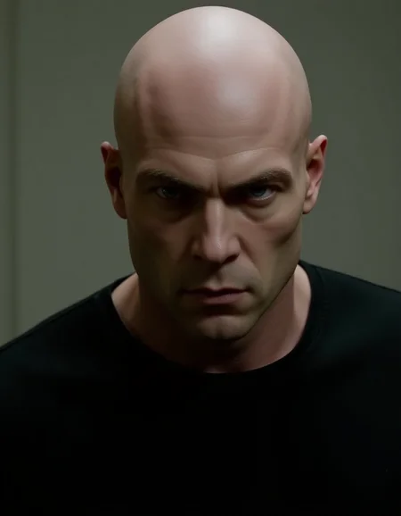 <lora:Hitman (World of Assassination)_epoch_5:1>,bald man,Serious face expression.,serial killer,