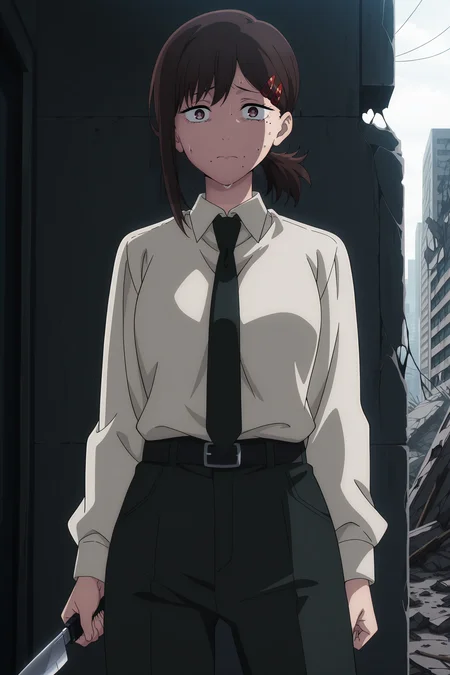 volumetric lighting, official style, amazing quality, ultra detailed, highres, detailed background, anime screenshot, anime screencap, anime coloring, masterpiece, detailed face,1girl <lora:Kobeni_Higashiyama__:0.8>kobeni, knife, solo, necktie, holding knife, single sidelock, hair ornament, mole, shirt, holding, black necktie, hairclip, destroyed city background, mole under eye, collared shirt, brown hair, short ponytail, looking at viewer, pants, sweat, mole under mouth, multiple moles, white shirt, long sleeves